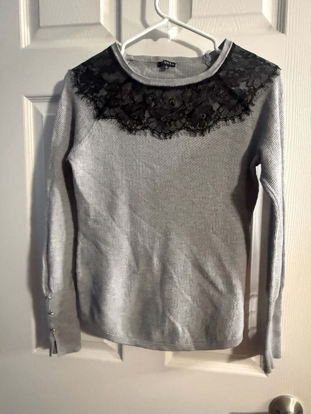 Hannah Grey Knit Long Sleeve Top with Black Lace Collar and Button Cuffs Size S